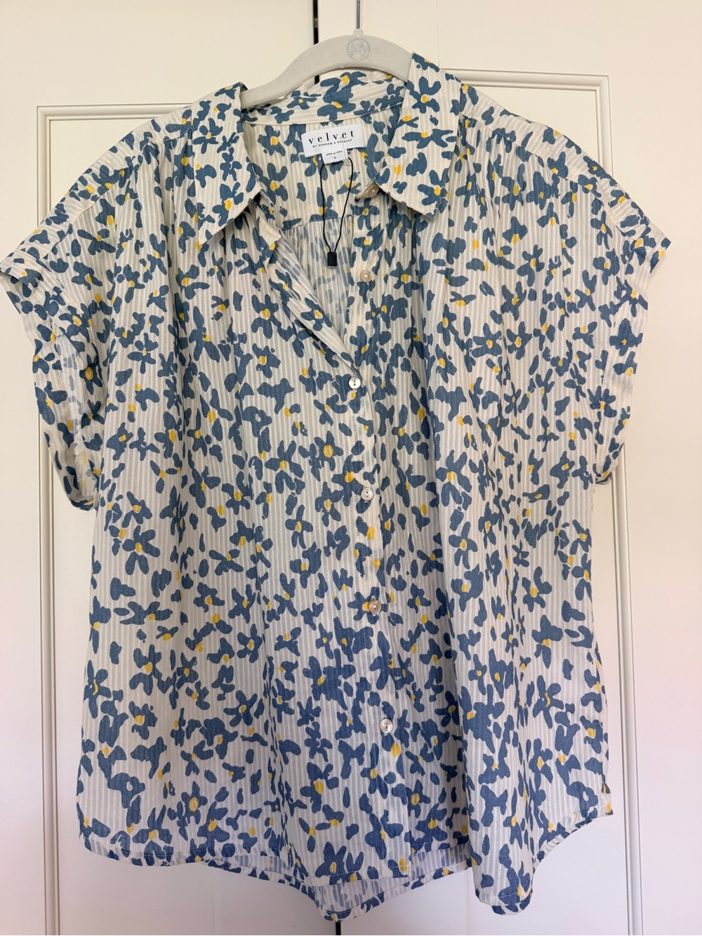 Velvet by Graham & Spencer Blue Floral Button-Front Short Sleeve Top